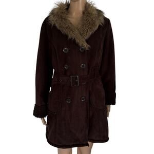 Afghan Coat Faux Suede Fur Trim Brown Belted 70s Revival Boho Y2K Retro Festival